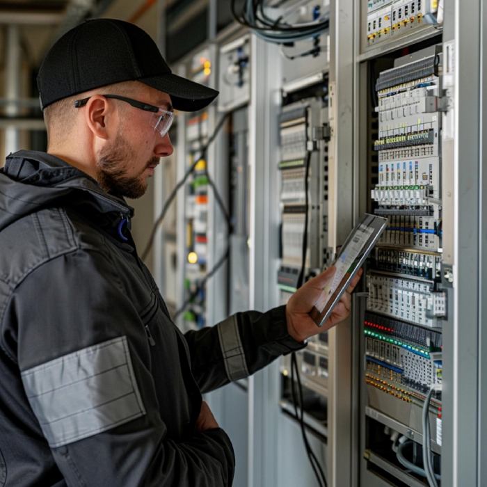 Contrôle et diagnostic d’armoire électrique Technicien contrôlant une armoire électrique connectée